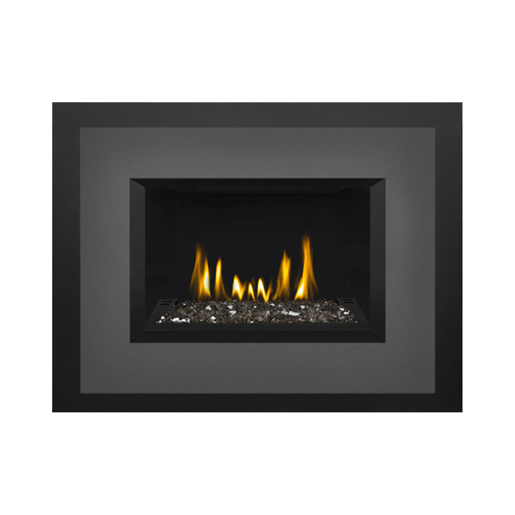 Direct vent gas fireplace insert with glass ember bed and visible flames