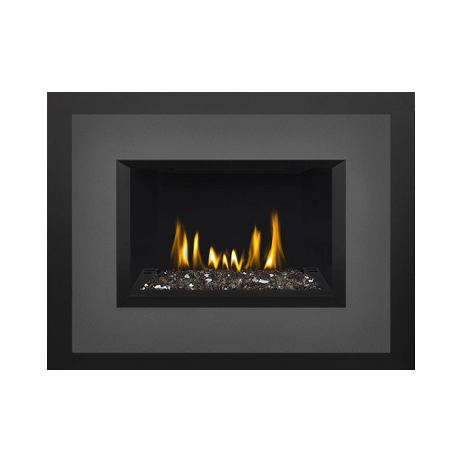 Direct vent gas fireplace insert with glass ember bed and visible flames
