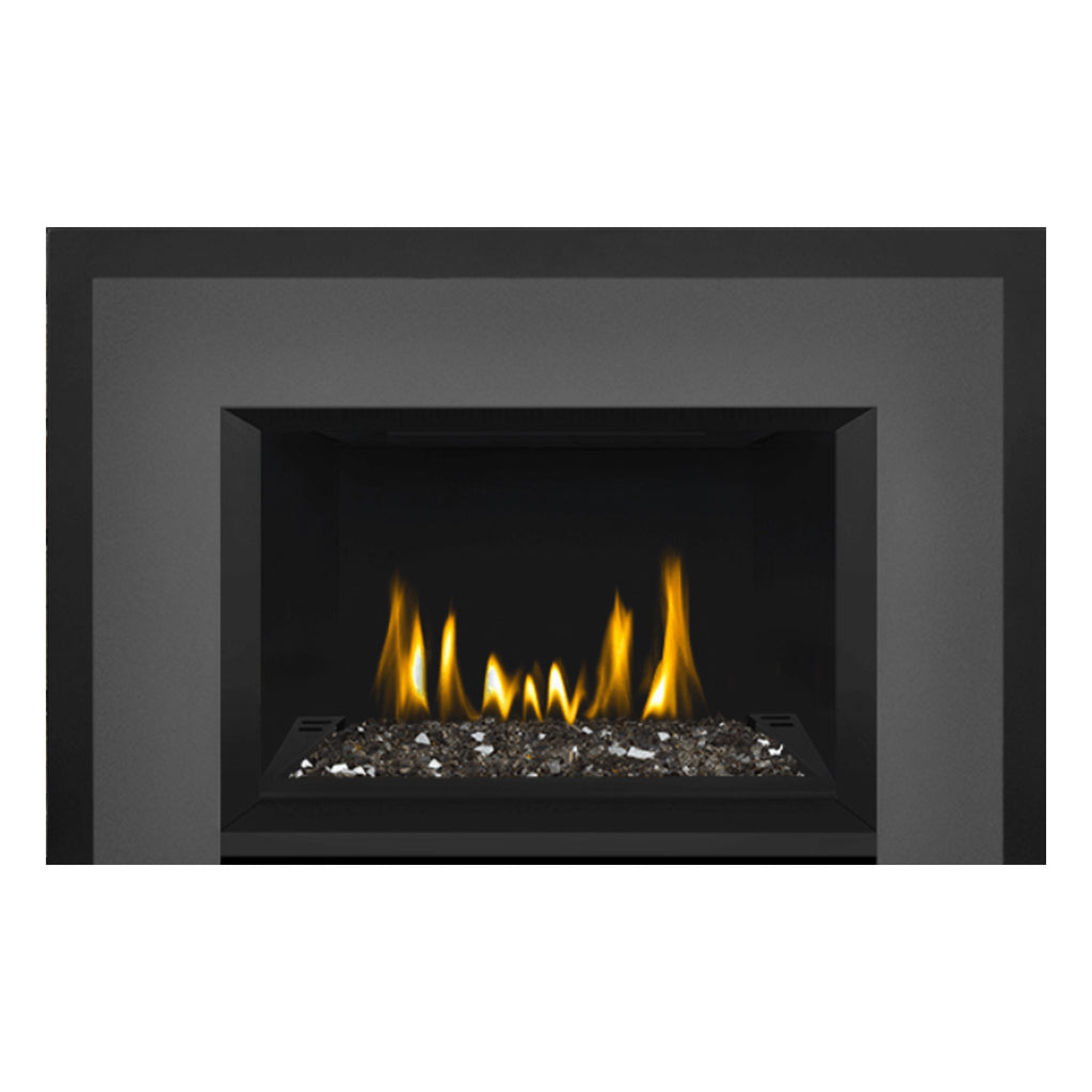Direct vent gas fireplace insert with glass ember bed and visible flames