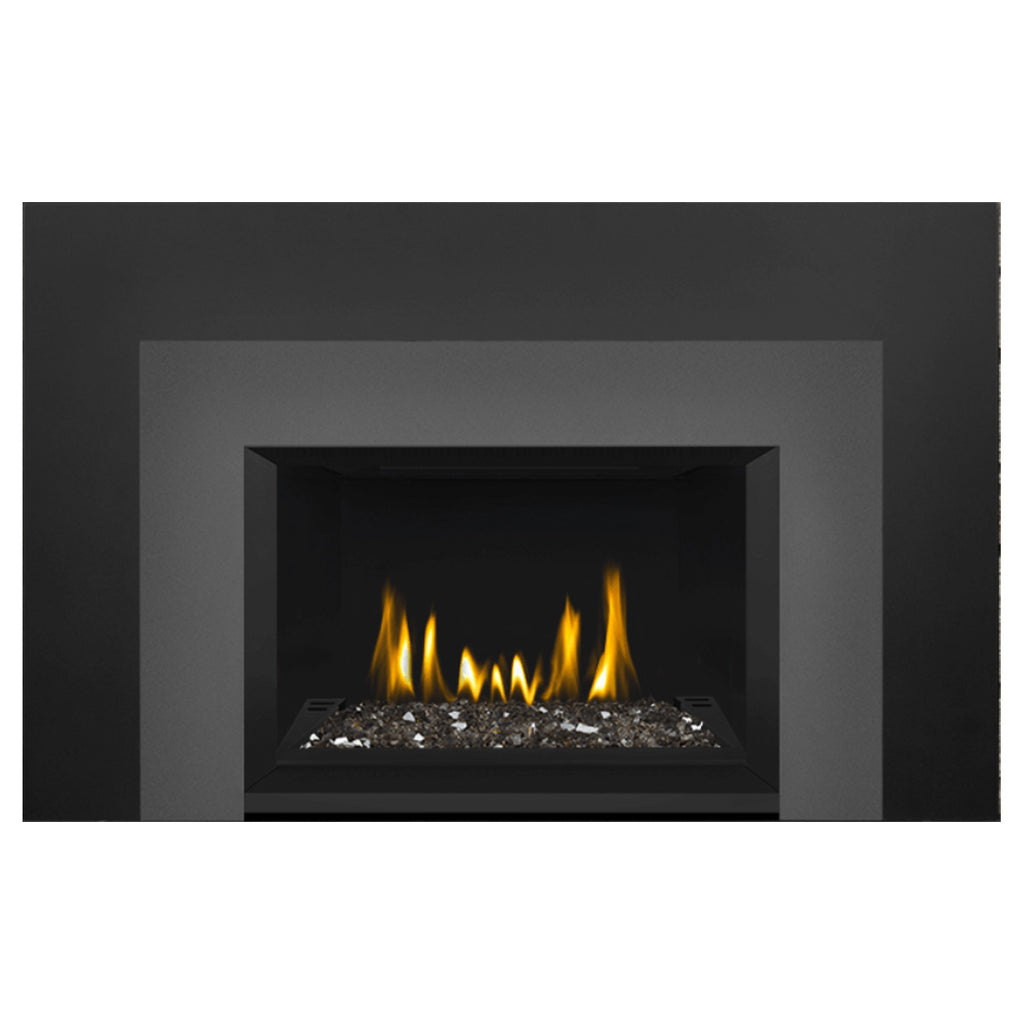 Direct vent gas fireplace insert with glass ember bed and visible flames