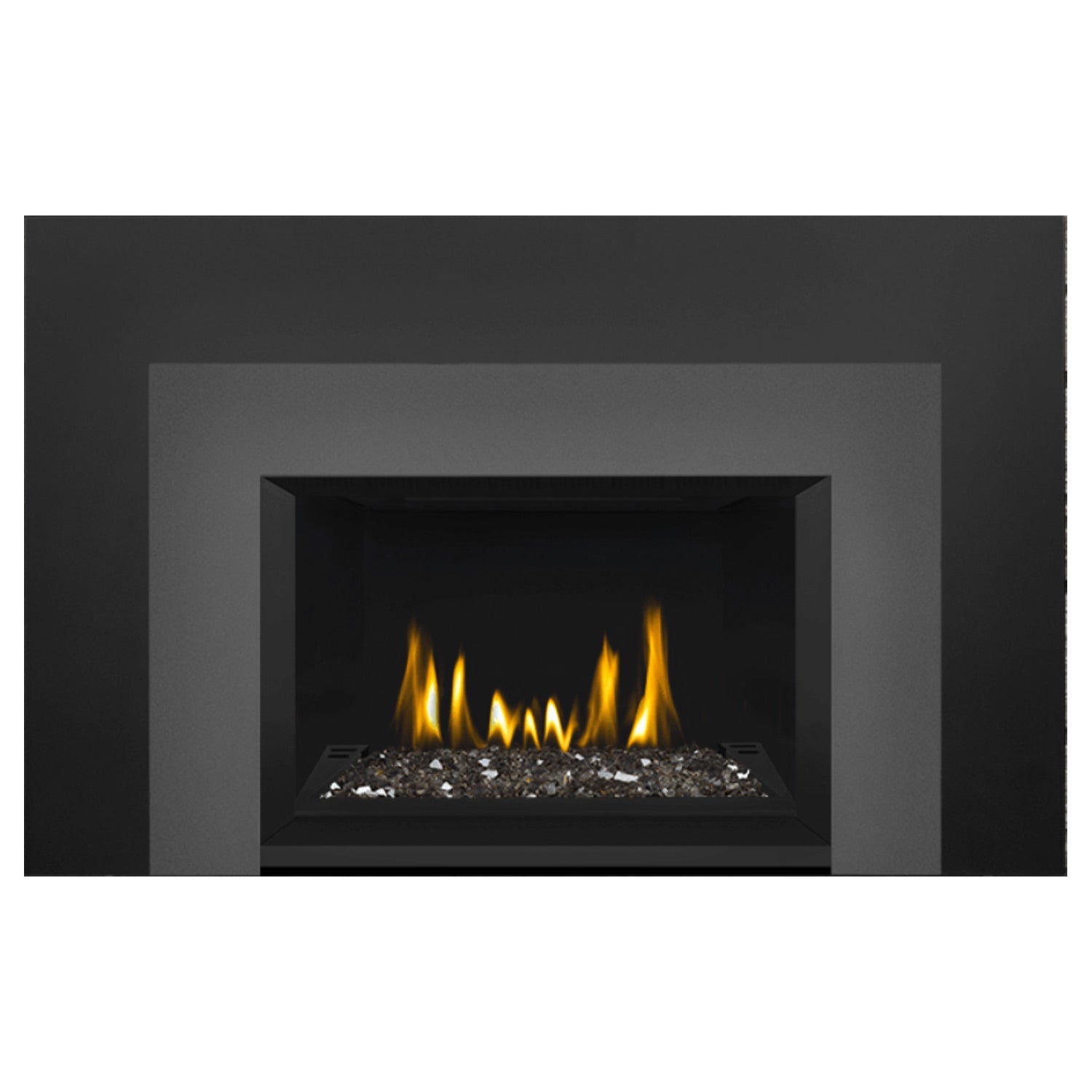 Direct vent gas fireplace insert with glass ember bed and visible flames