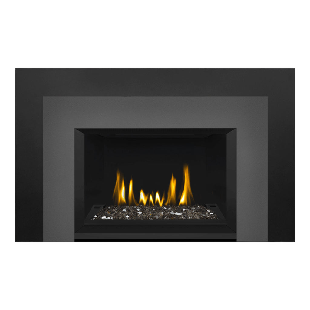 Direct vent gas fireplace insert with glass ember bed, black surround and visible flames.
