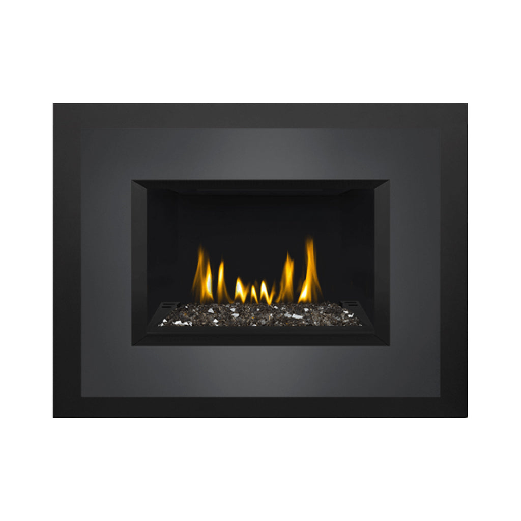Direct vent gas fireplace insert with glass ember bed and visible flames
