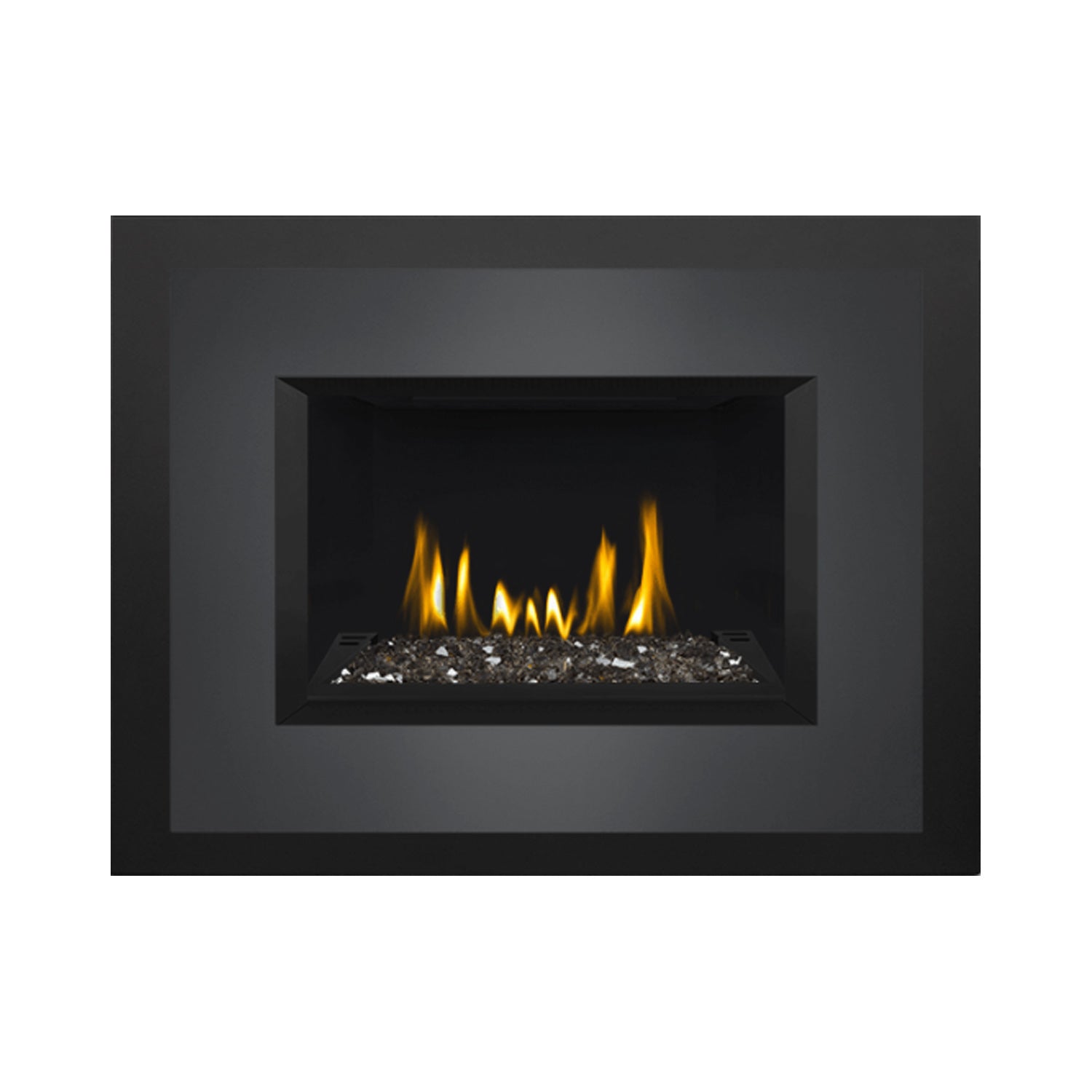 Direct vent gas fireplace insert with glass ember bed and visible flames