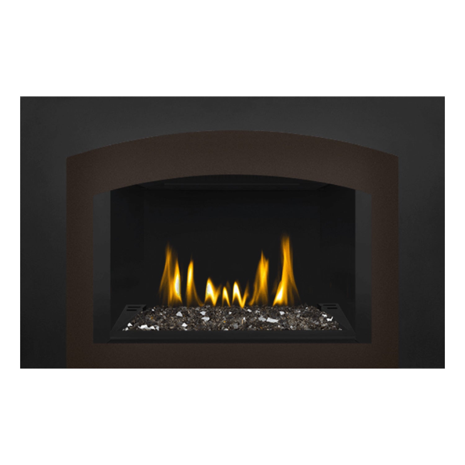 Direct vent gas fireplace insert with glass front, ember bed, and bright flame flames