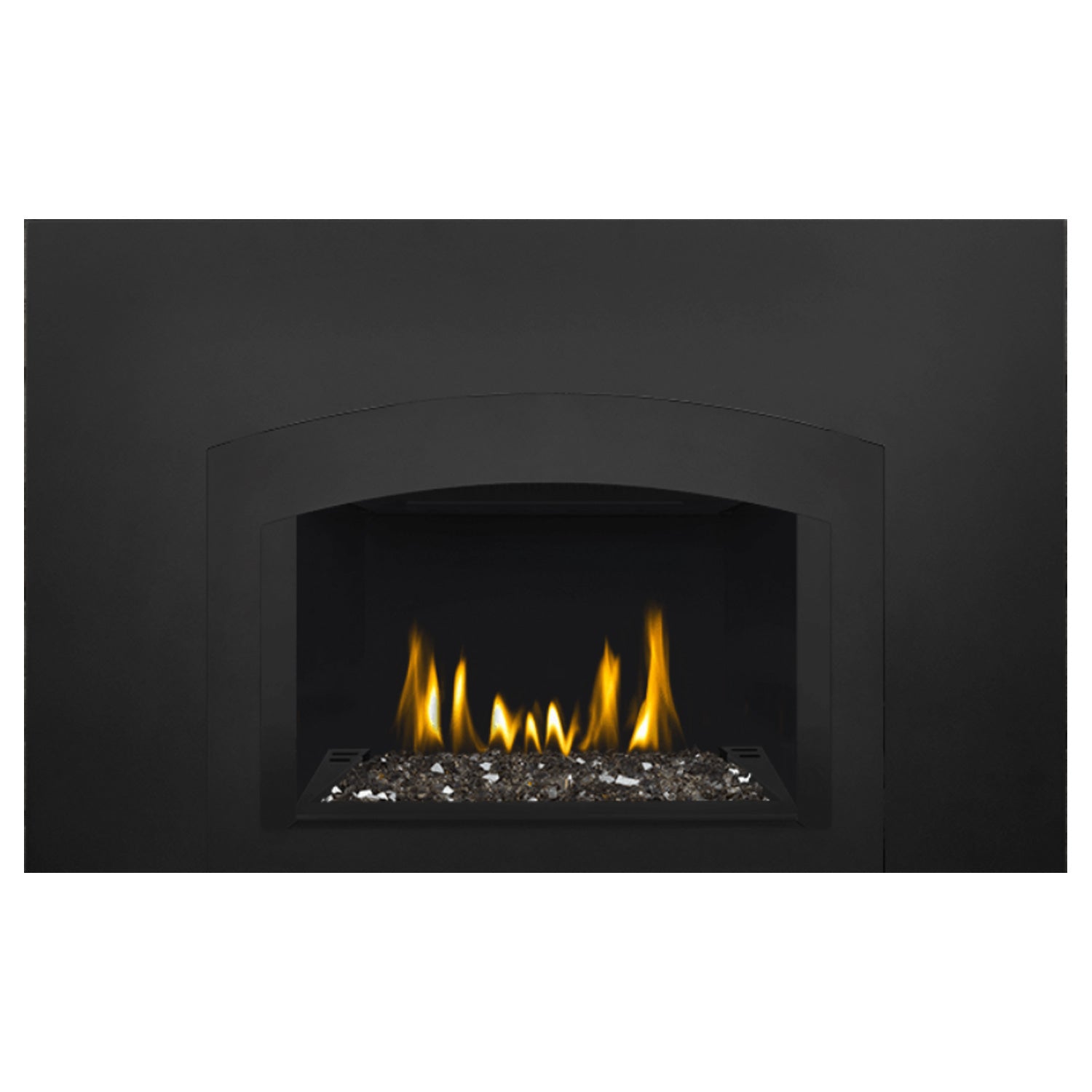 Direct vent gas fireplace insert with glass viewing panel and glowing ember bed flames