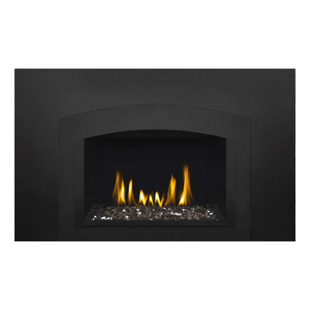 Direct vent gas fireplace insert with arched glass front and glowing ember bed flames