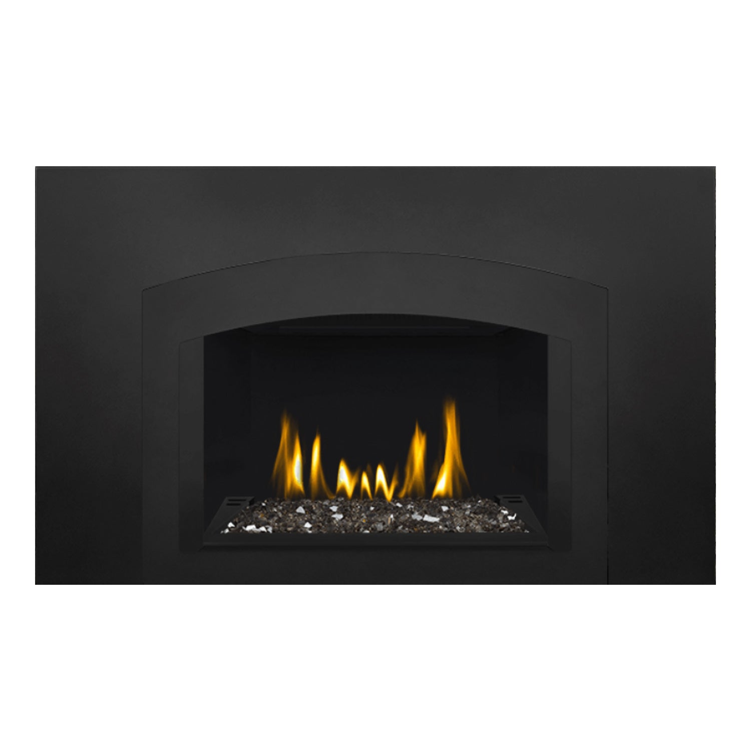 Direct vent gas fireplace insert with arched glass front and glowing ember bed flames