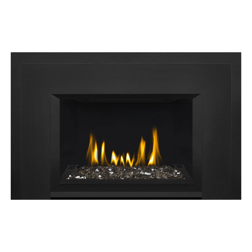 Direct vent gas fireplace insert with glass ember bed, black firebox opening with flames.