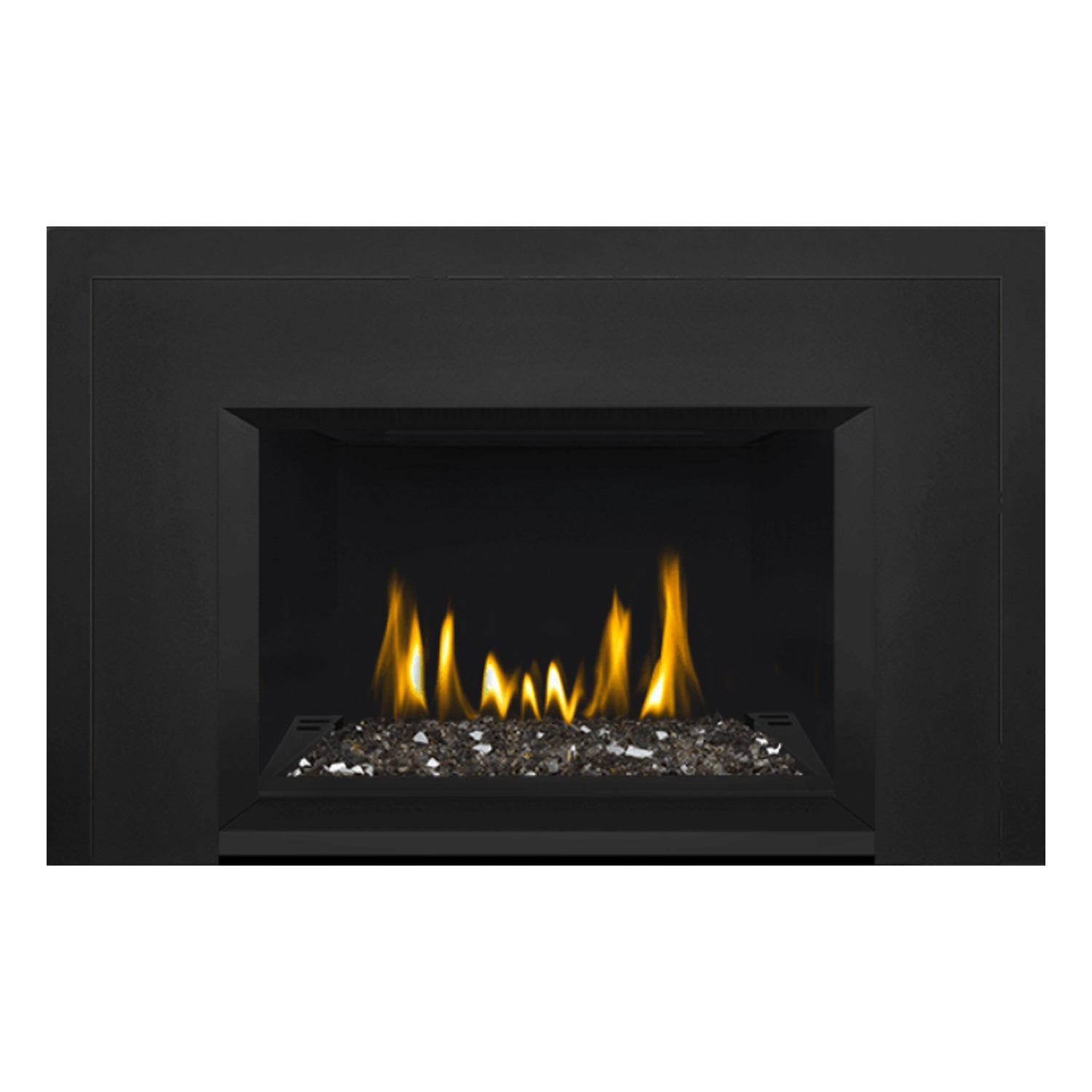 Direct vent gas fireplace insert with glass ember bed, black firebox opening with flames.