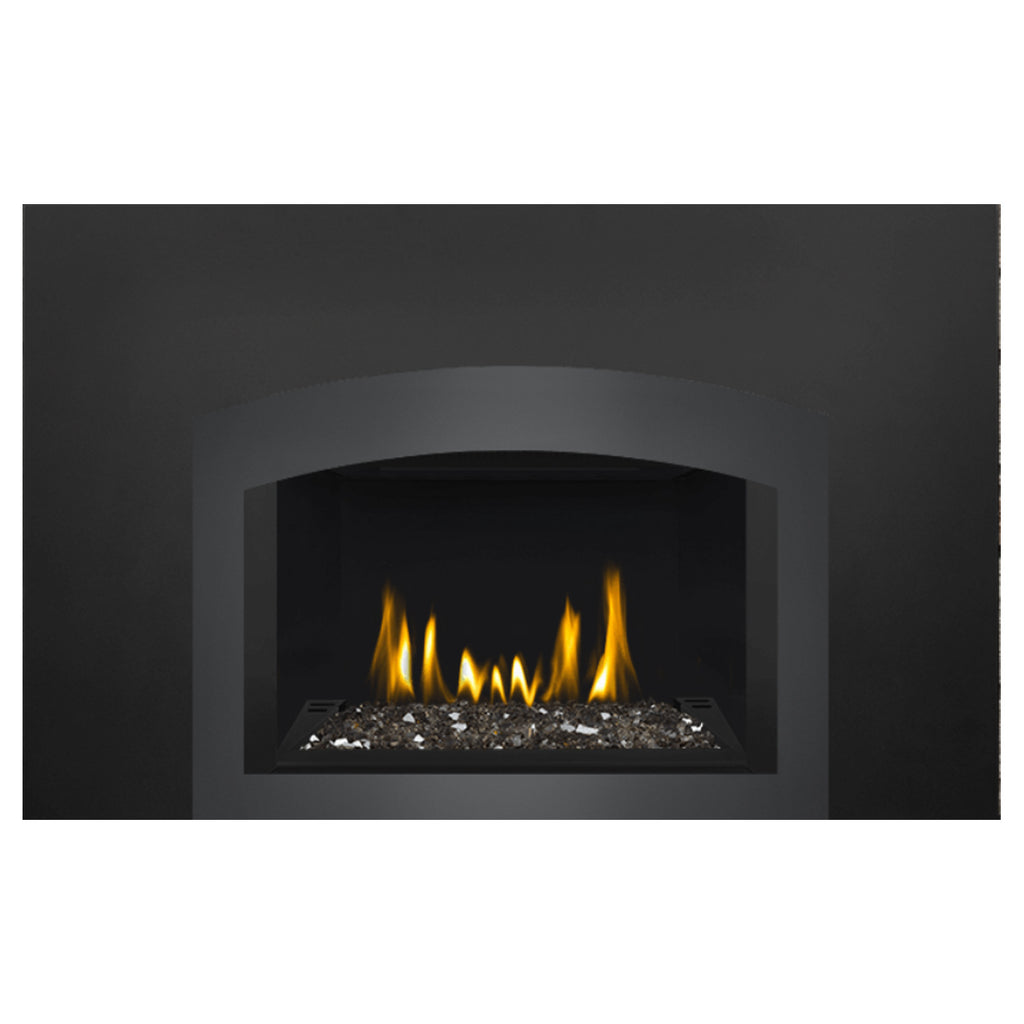 Direct vent gas fireplace insert with glass ember bed and black surround, burning flames shown.