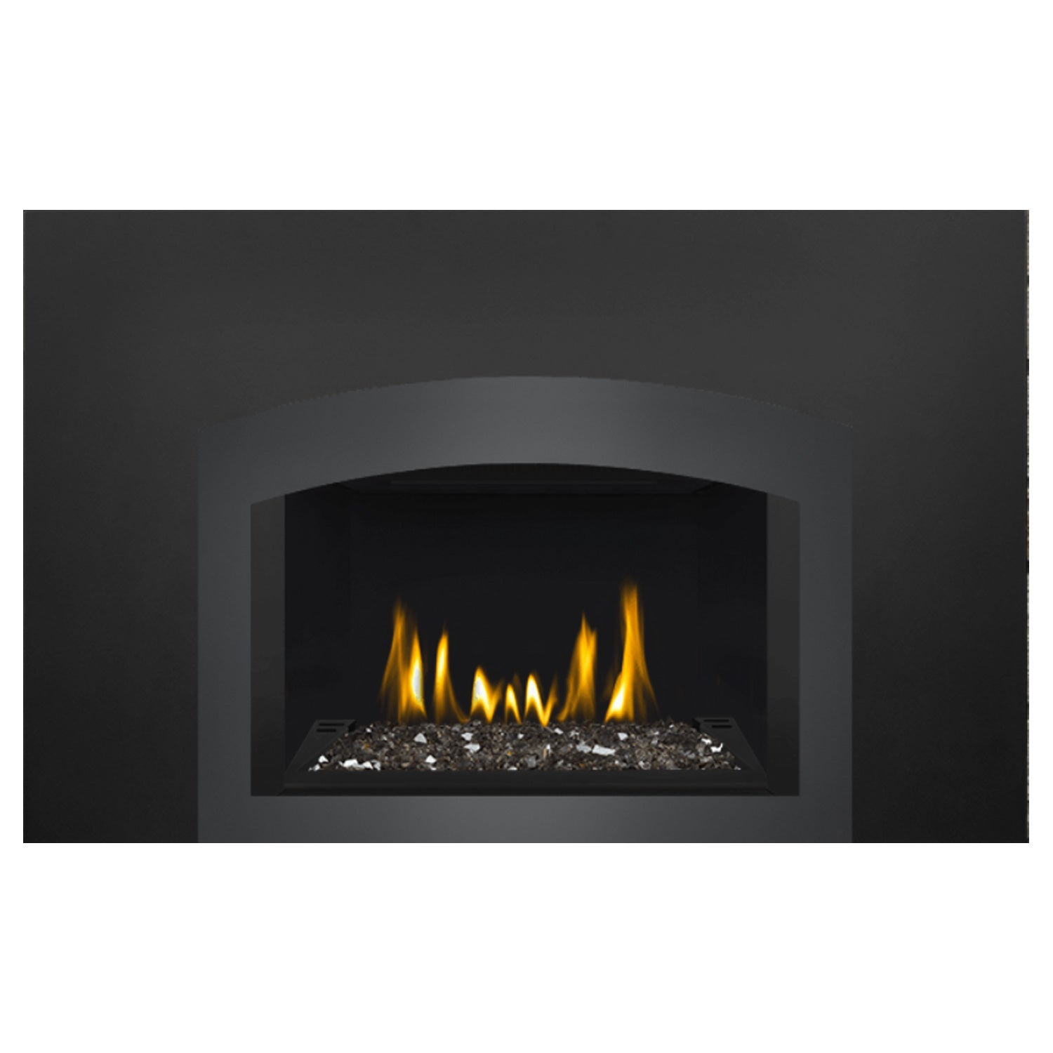 Direct vent gas fireplace insert with glass ember bed and black surround, burning flames shown.