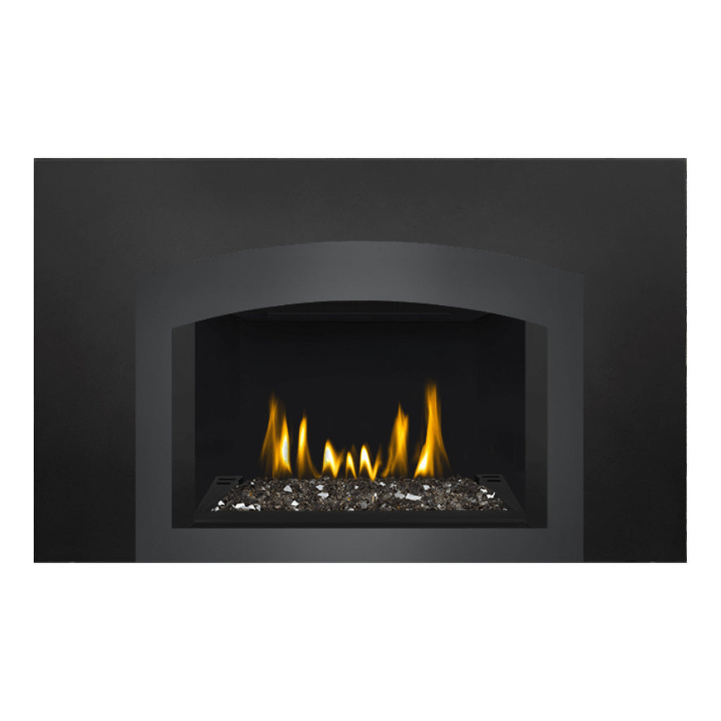 Direct vent gas fireplace insert with glass ember bed in black frame, visible flames.