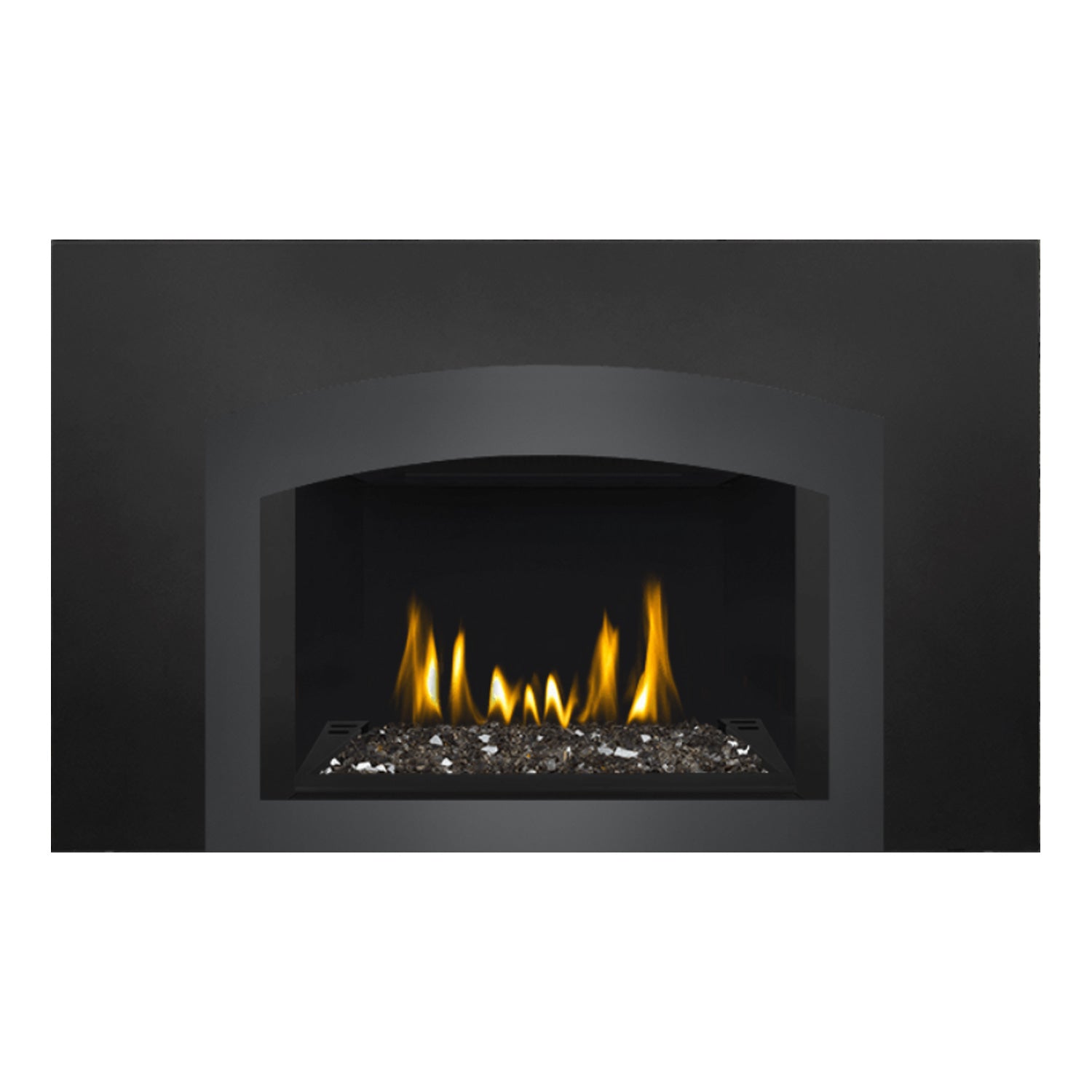Direct vent gas fireplace insert with glass ember bed in black frame, visible flames.