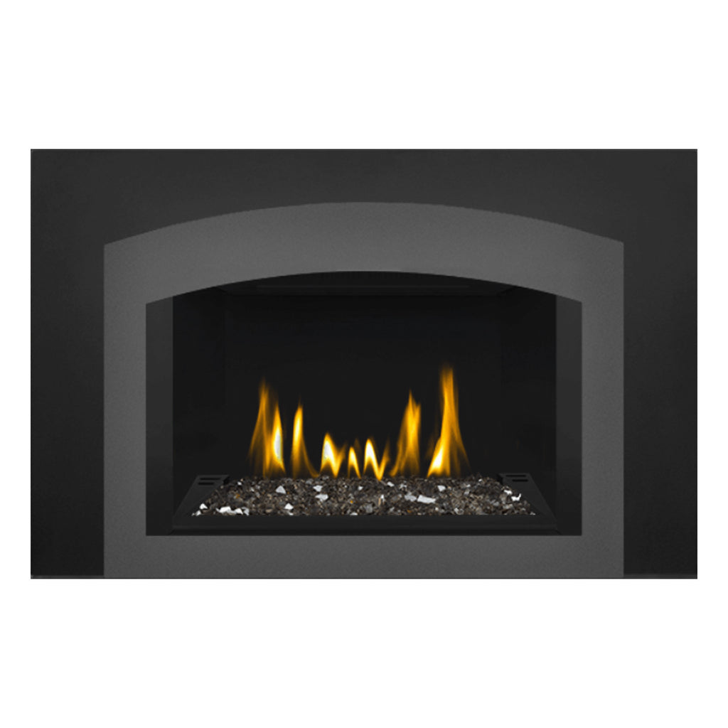 Direct vent gas fireplace insert with glass front and glowing ember bed with flames