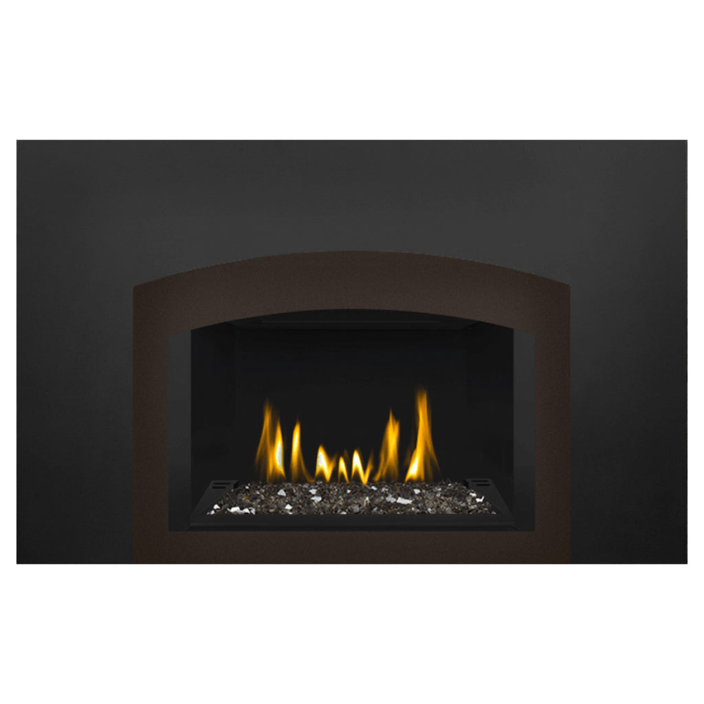 Direct vent gas fireplace insert with arched glass frame, ember bed and flames
