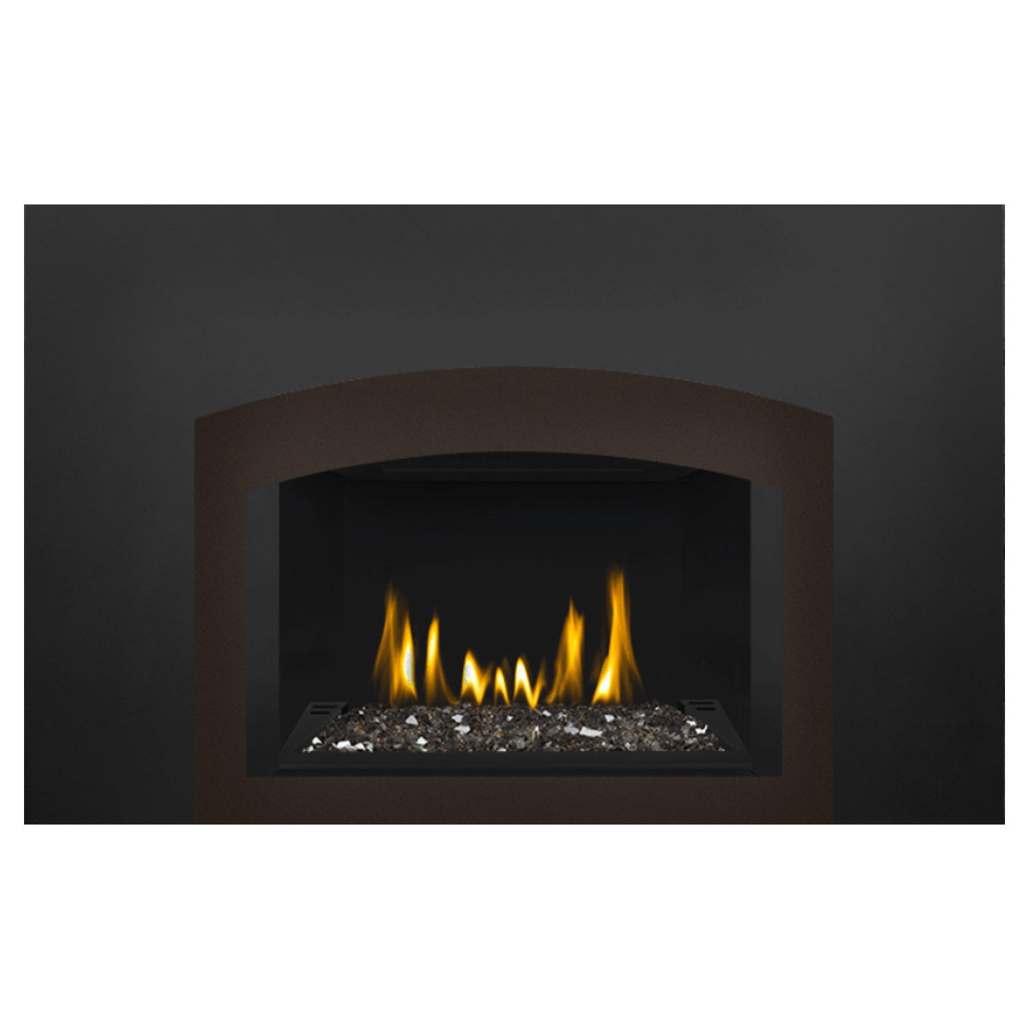 Direct vent gas fireplace insert with arched glass frame, ember bed and flames
