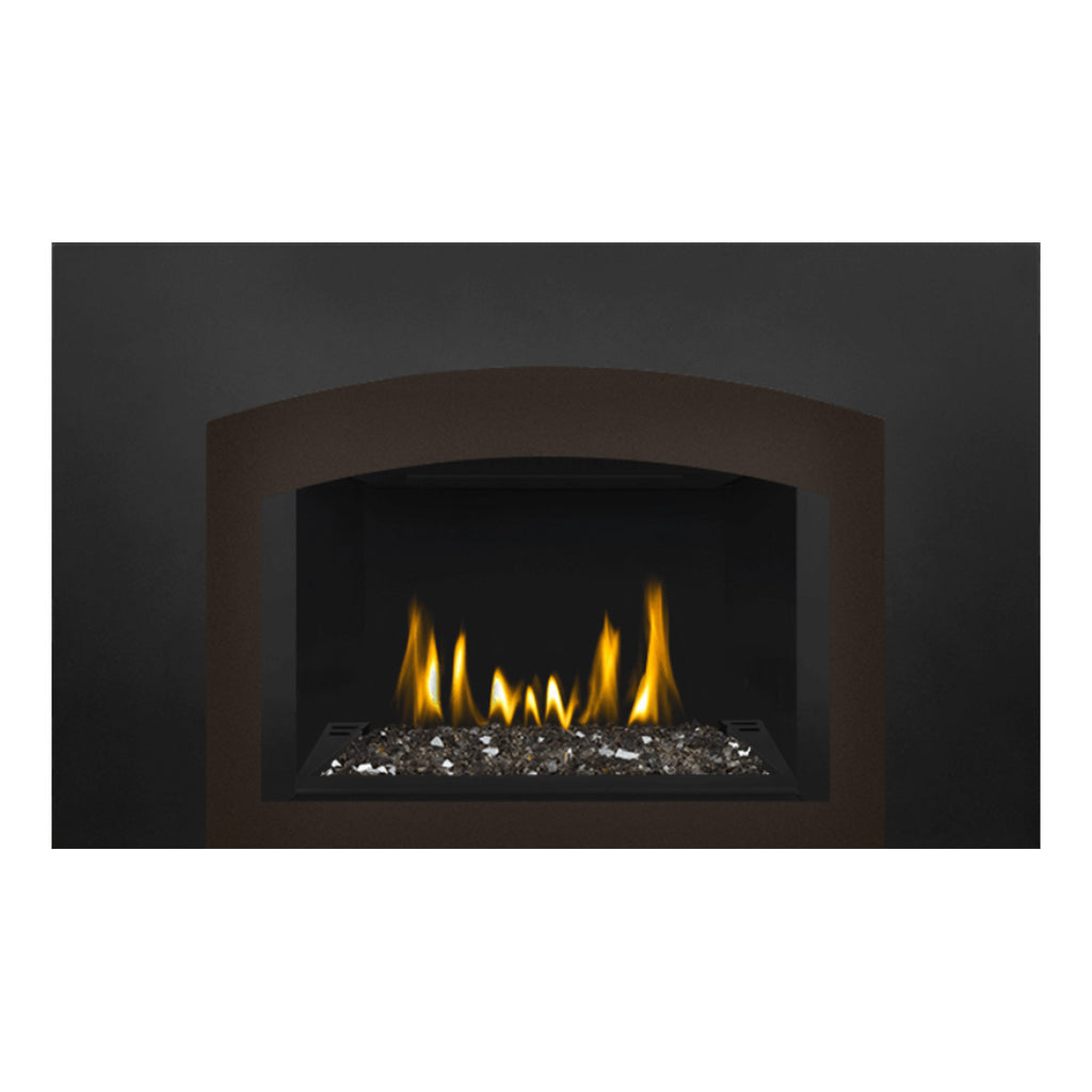 Direct vent gas fireplace insert with glass viewing panel and glowing ember bed