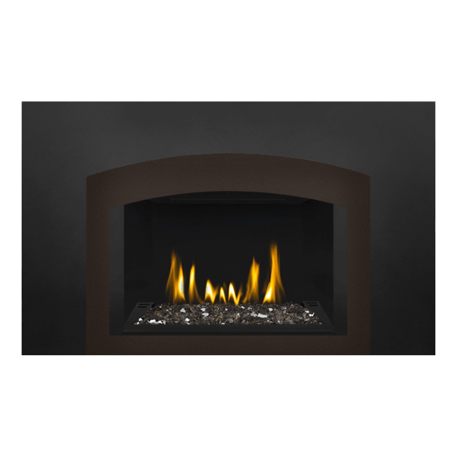 Direct vent gas fireplace insert with glass viewing panel and glowing ember bed