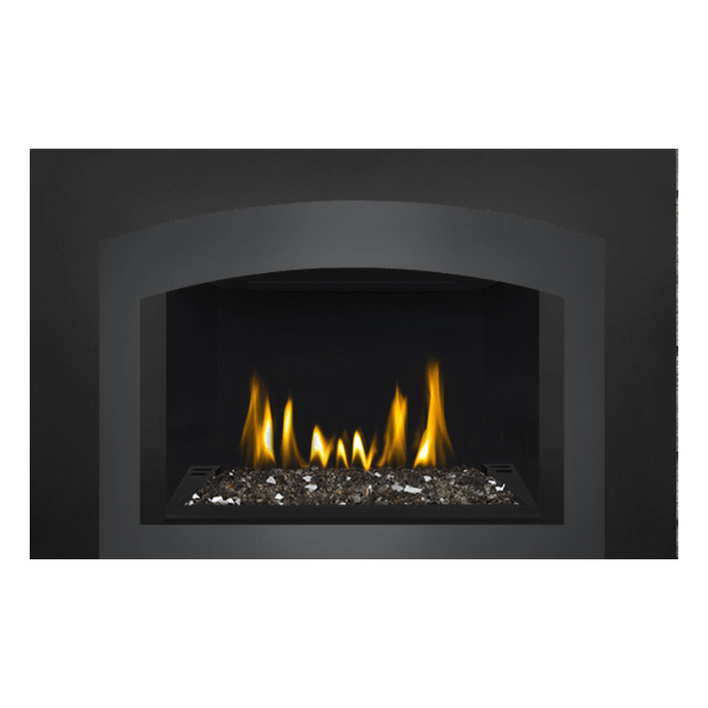 Direct vent gas fireplace insert with glass front and glowing ember bed flames