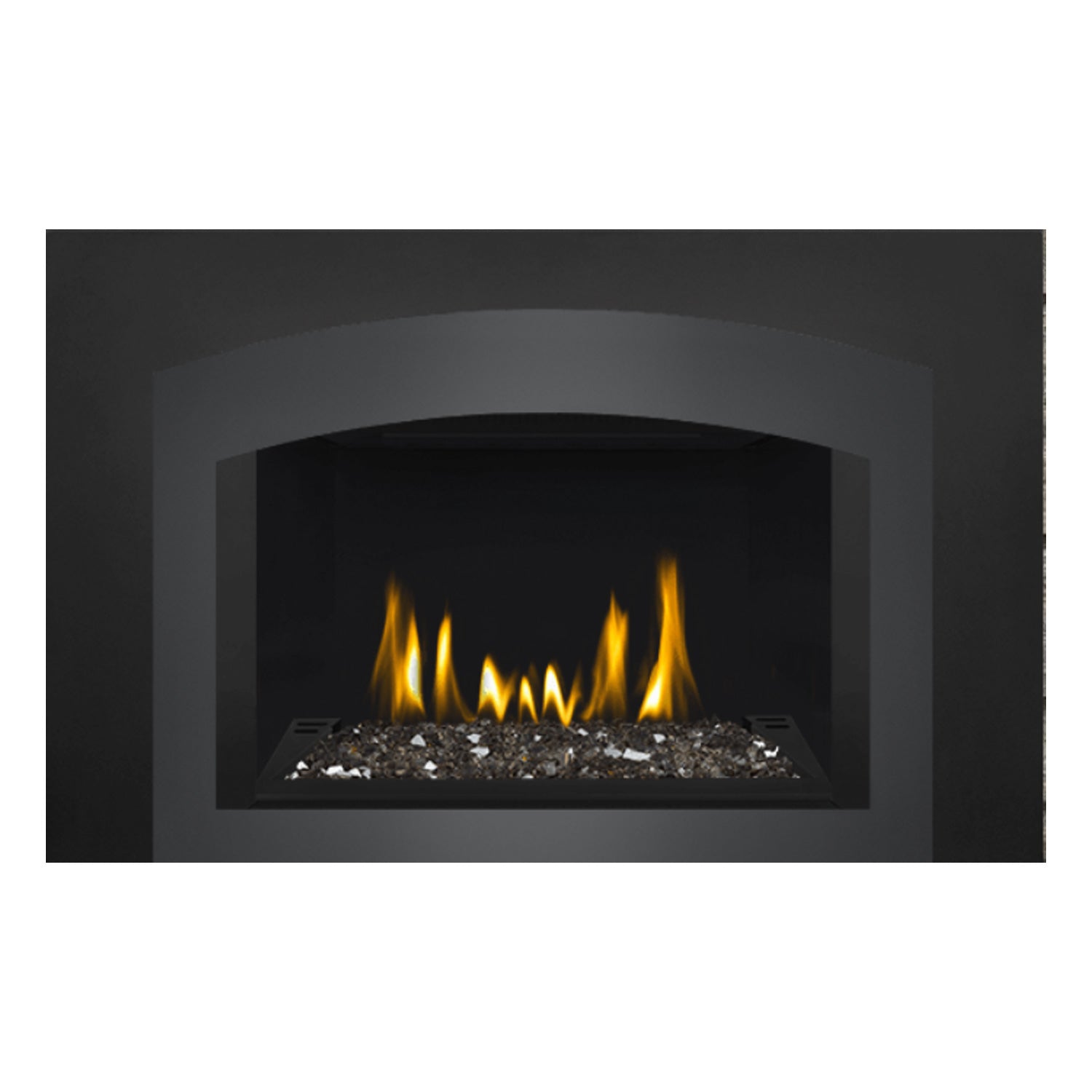 Direct vent gas fireplace insert with glass front and glowing ember bed flames