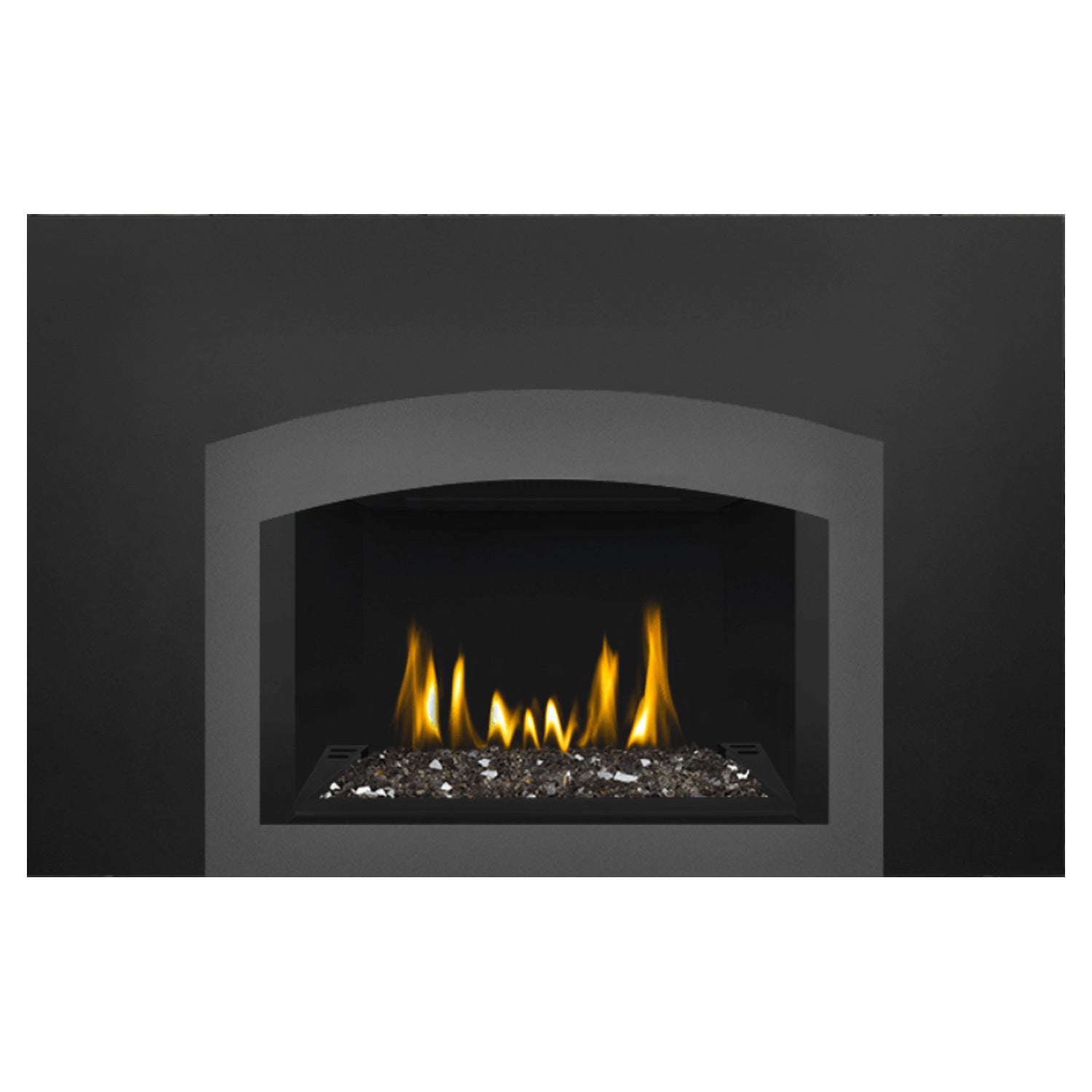 Direct vent gas fireplace insert with arched glass opening, ember bed and flames