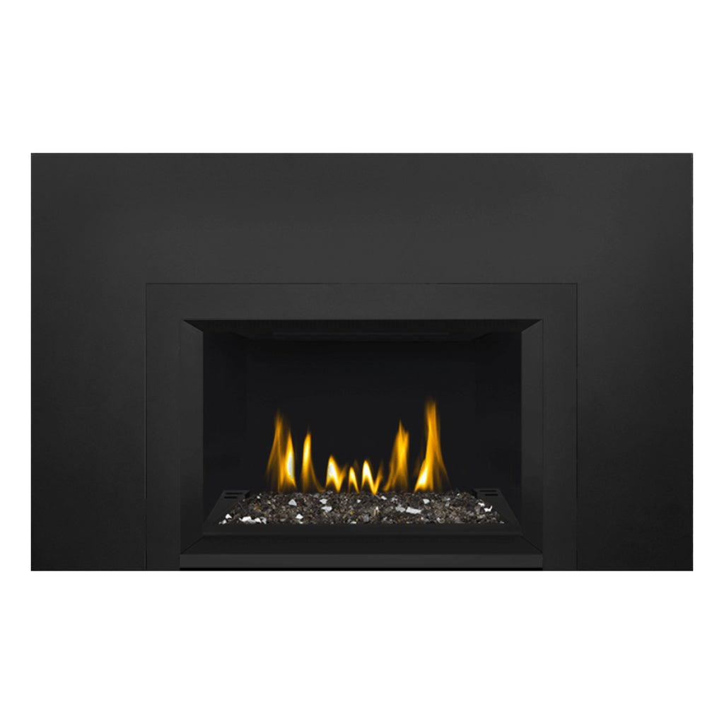 Direct vent gas fireplace insert with glass ember bed and glowing flames in dark frame