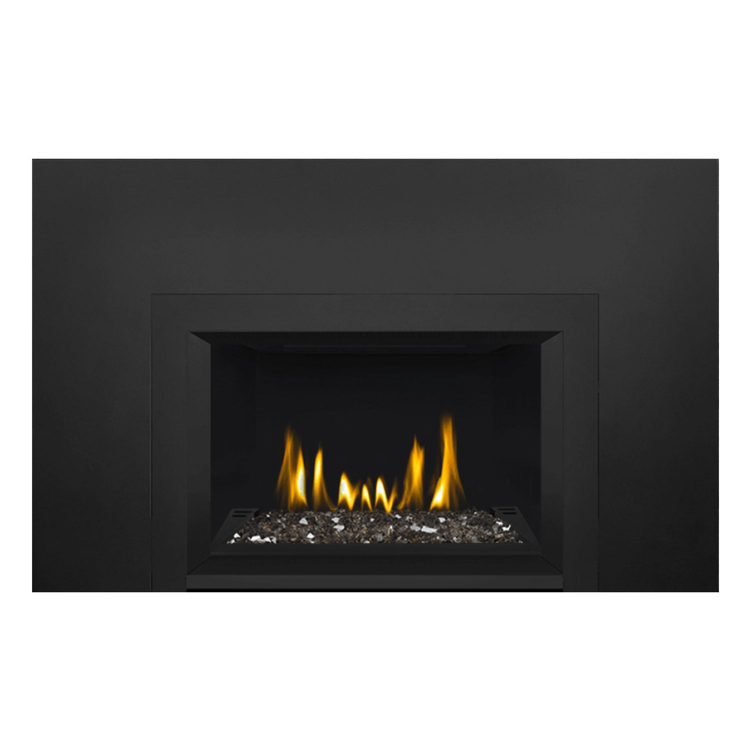Direct vent gas fireplace insert with glass ember bed and glowing flames in dark frame
