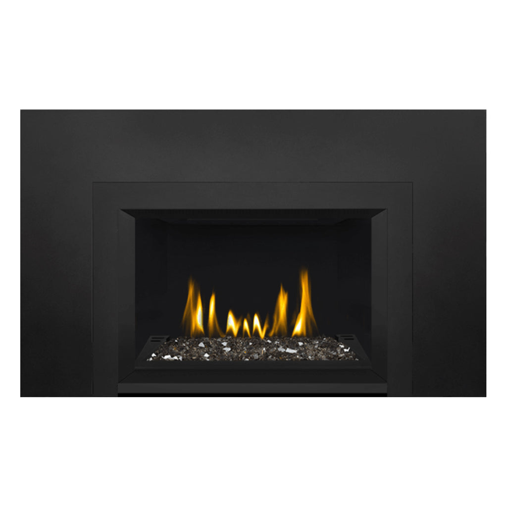 Direct vent gas fireplace insert with glass ember bed and glowing flames, front view