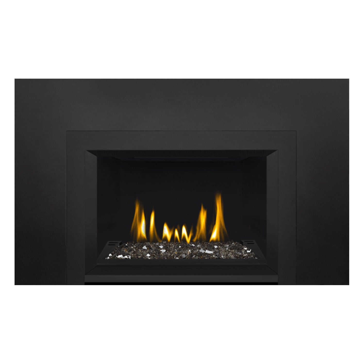 Direct vent gas fireplace insert with glass ember bed and glowing flames, front view