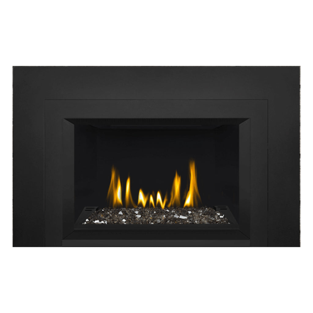 Direct vent gas fireplace insert with glass ember bed and glowing flames