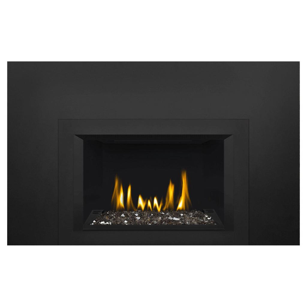 Direct vent gas fireplace insert with glass ember bed and yellow flames, black interior