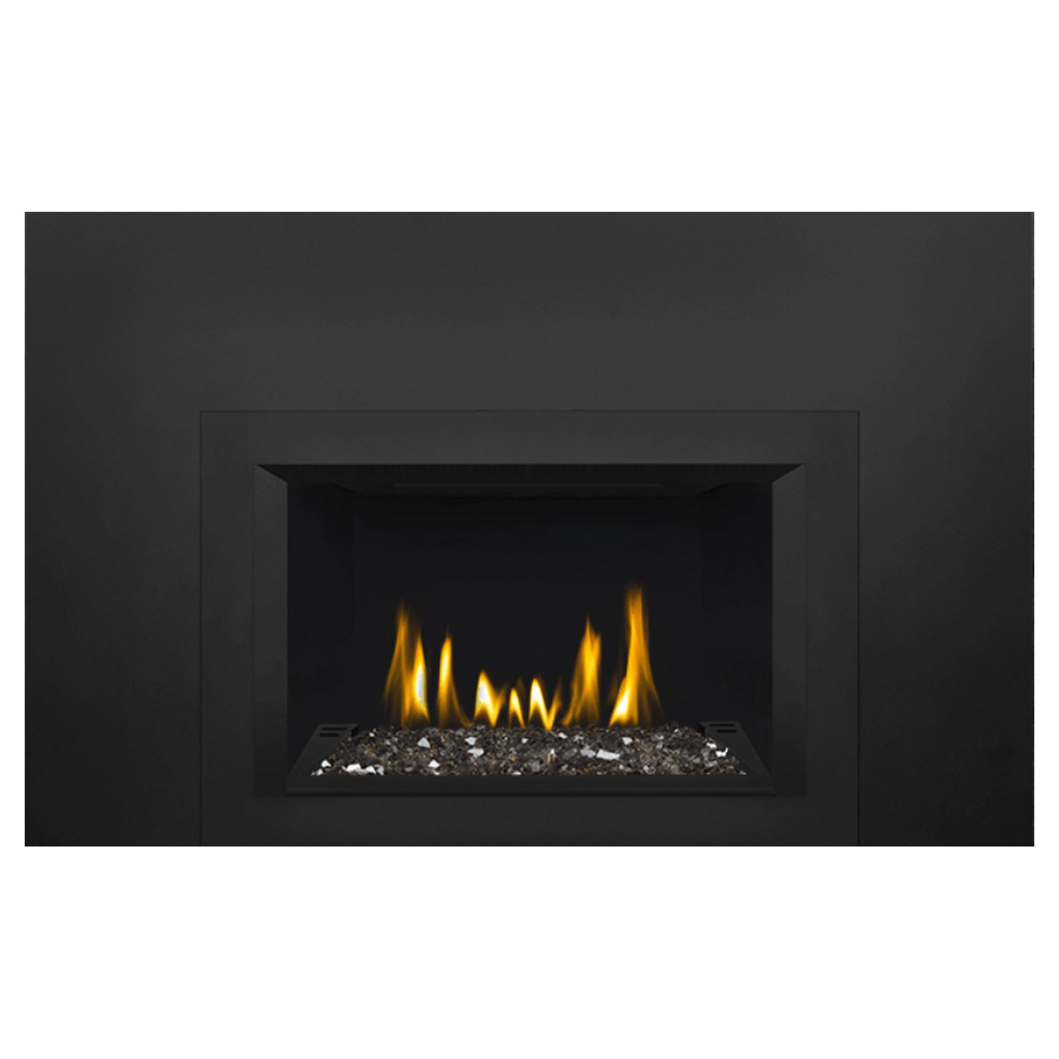 Direct vent gas fireplace insert with glass ember bed and yellow flames, black interior