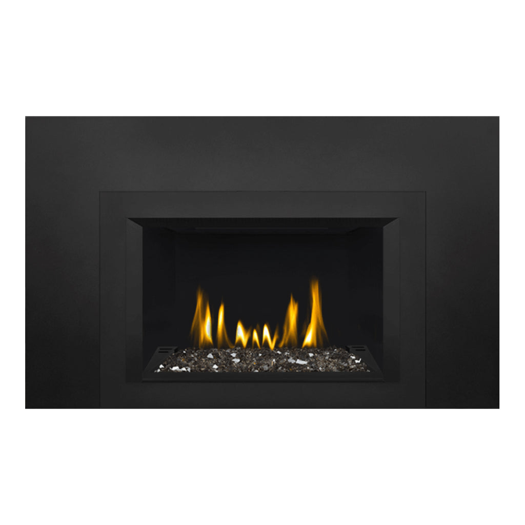 Direct vent gas fireplace insert with glass ember bed and bright yellow flames, black bezel