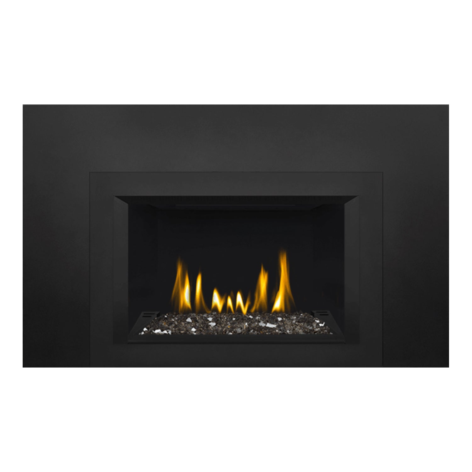 Direct vent gas fireplace insert with glass ember bed and bright yellow flames, black bezel