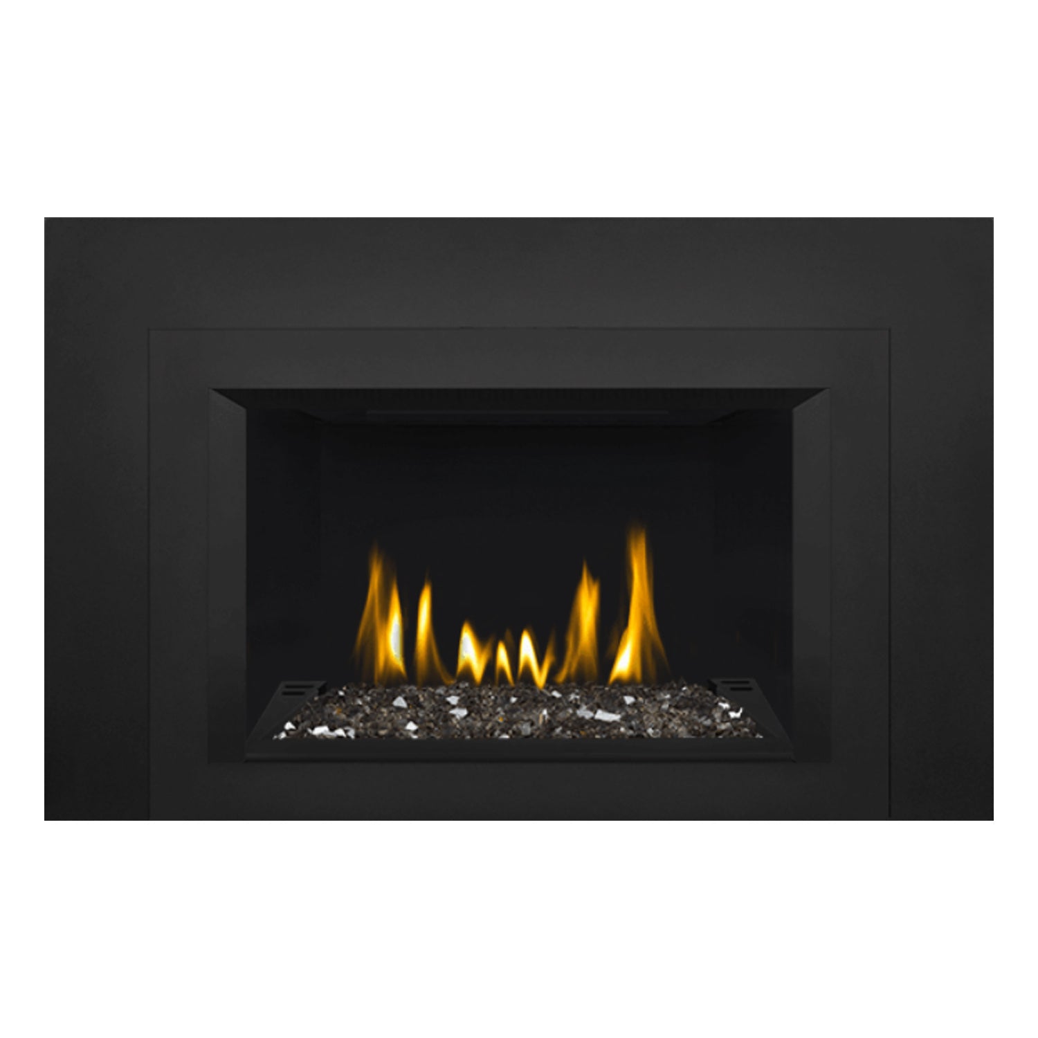 Direct vent gas fireplace insert with glass ember bed and yellow flames, dark surround frame