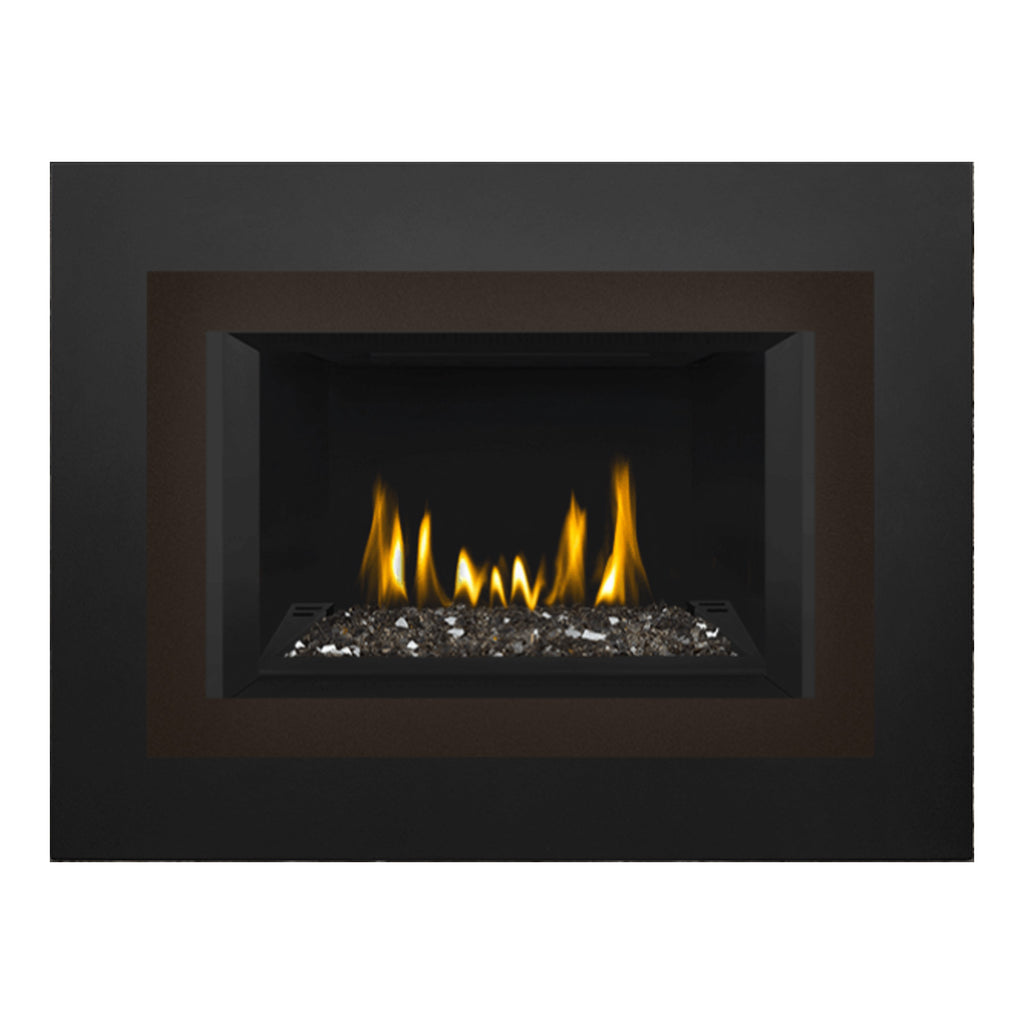 Black direct vent gas fireplace insert featuring flames over glass ember bed