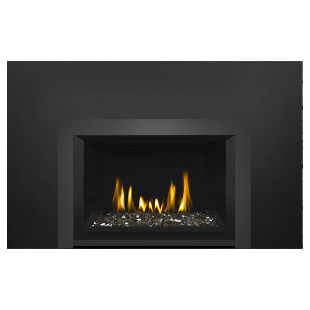 Direct vent gas fireplace insert showing glass ember bed with yellow flames, black firebox