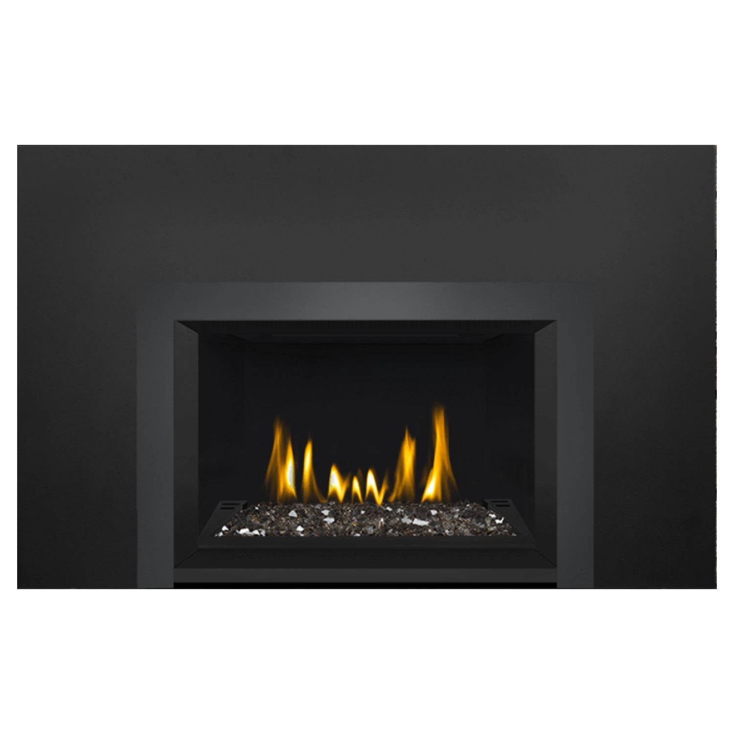 Direct vent gas fireplace insert showing glass ember bed with yellow flames, black firebox