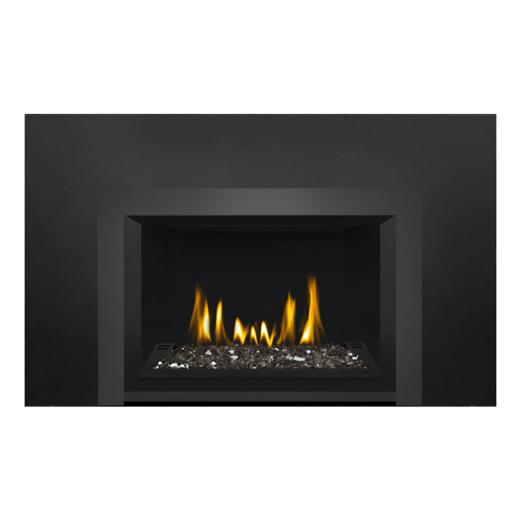 Direct vent gas fireplace insert with glass ember bed and steady yellow-orange flames, black