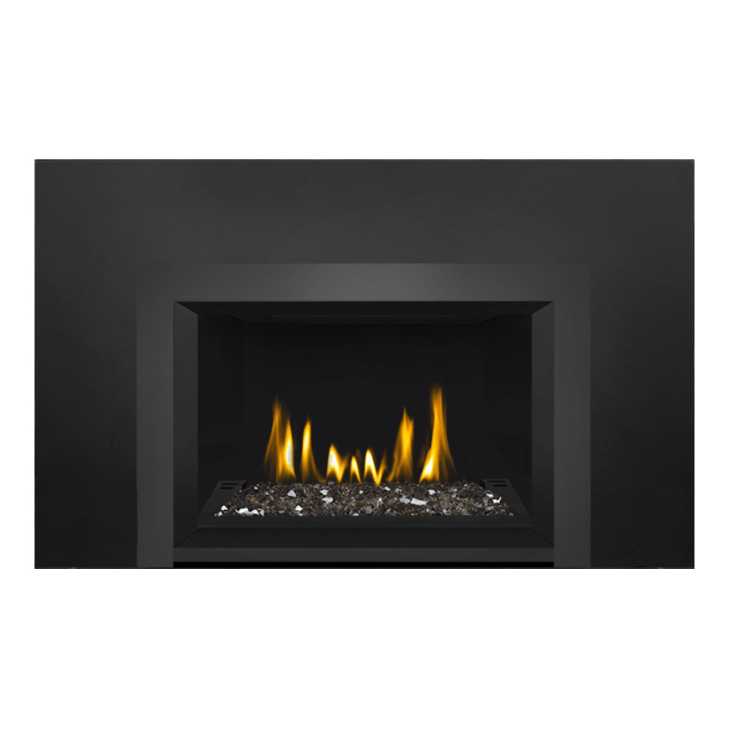 Direct vent gas fireplace insert with glass ember bed and steady yellow-orange flames, black