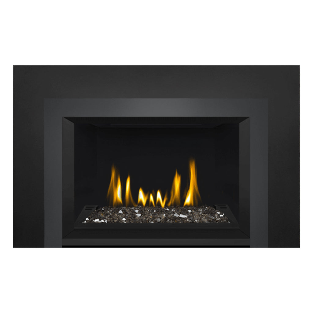 Direct vent gas fireplace insert featuring glass embers and yellow flames inside a black surround