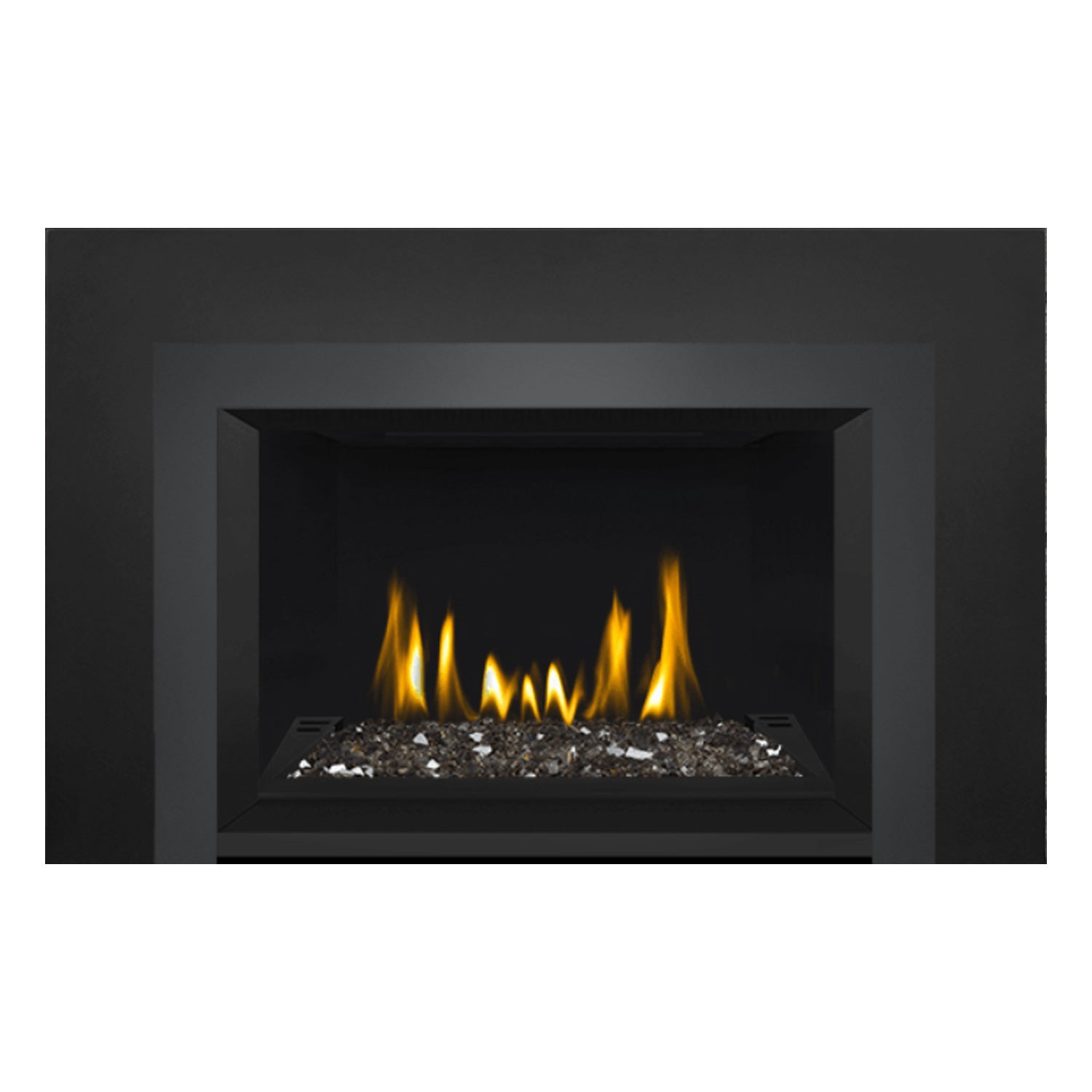 Direct vent gas fireplace insert featuring glass embers and yellow flames inside a black surround
