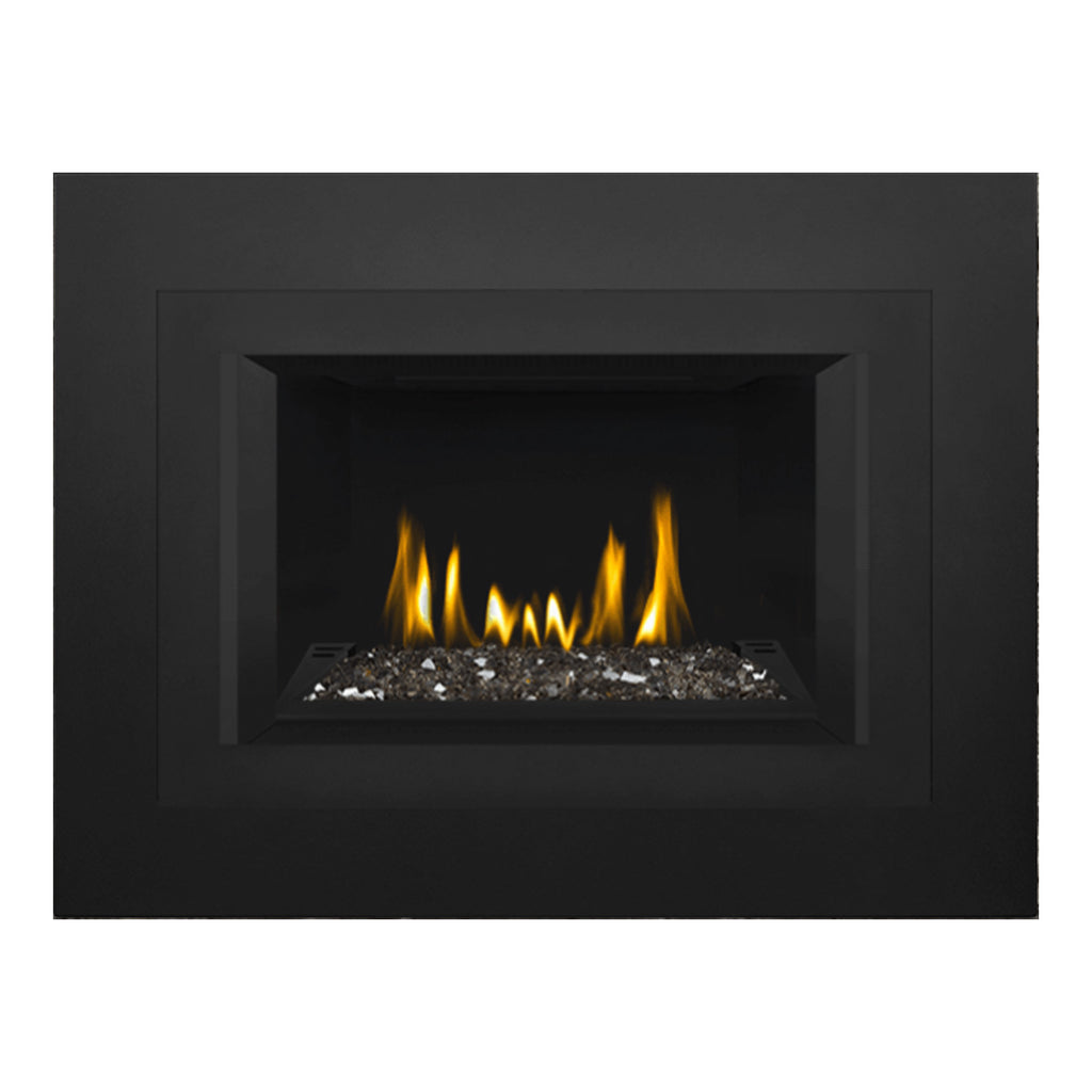 Black direct vent gas fireplace insert with glass ember bed and flame effect