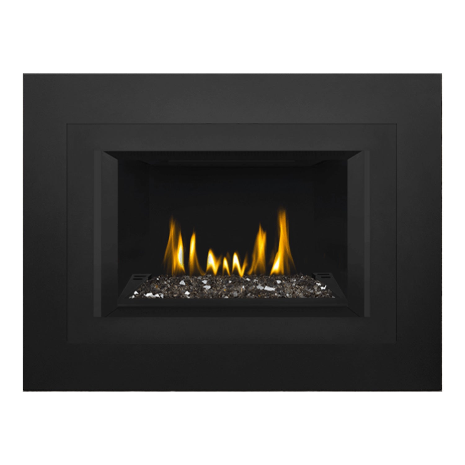 Black direct vent gas fireplace insert with glass ember bed and flame effect