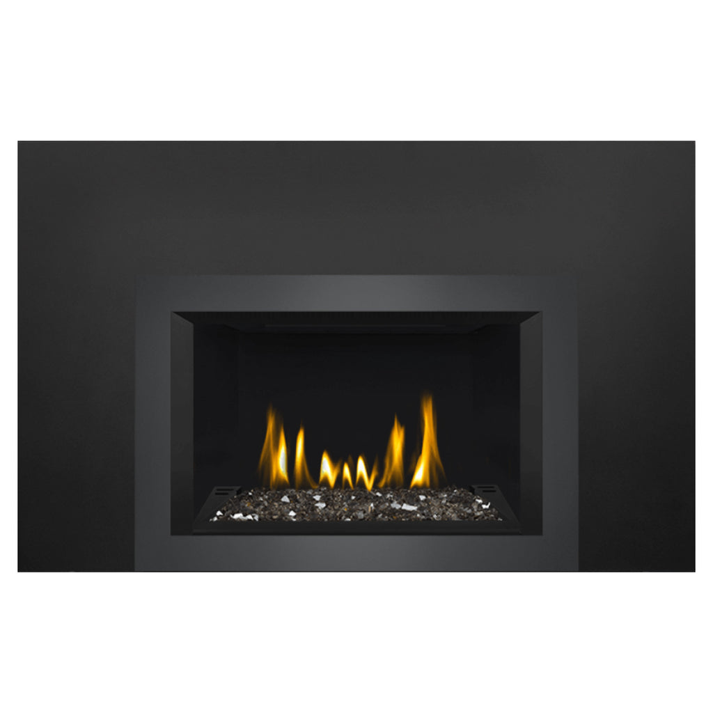 Black direct vent gas fireplace insert with flames across the glass ember bed