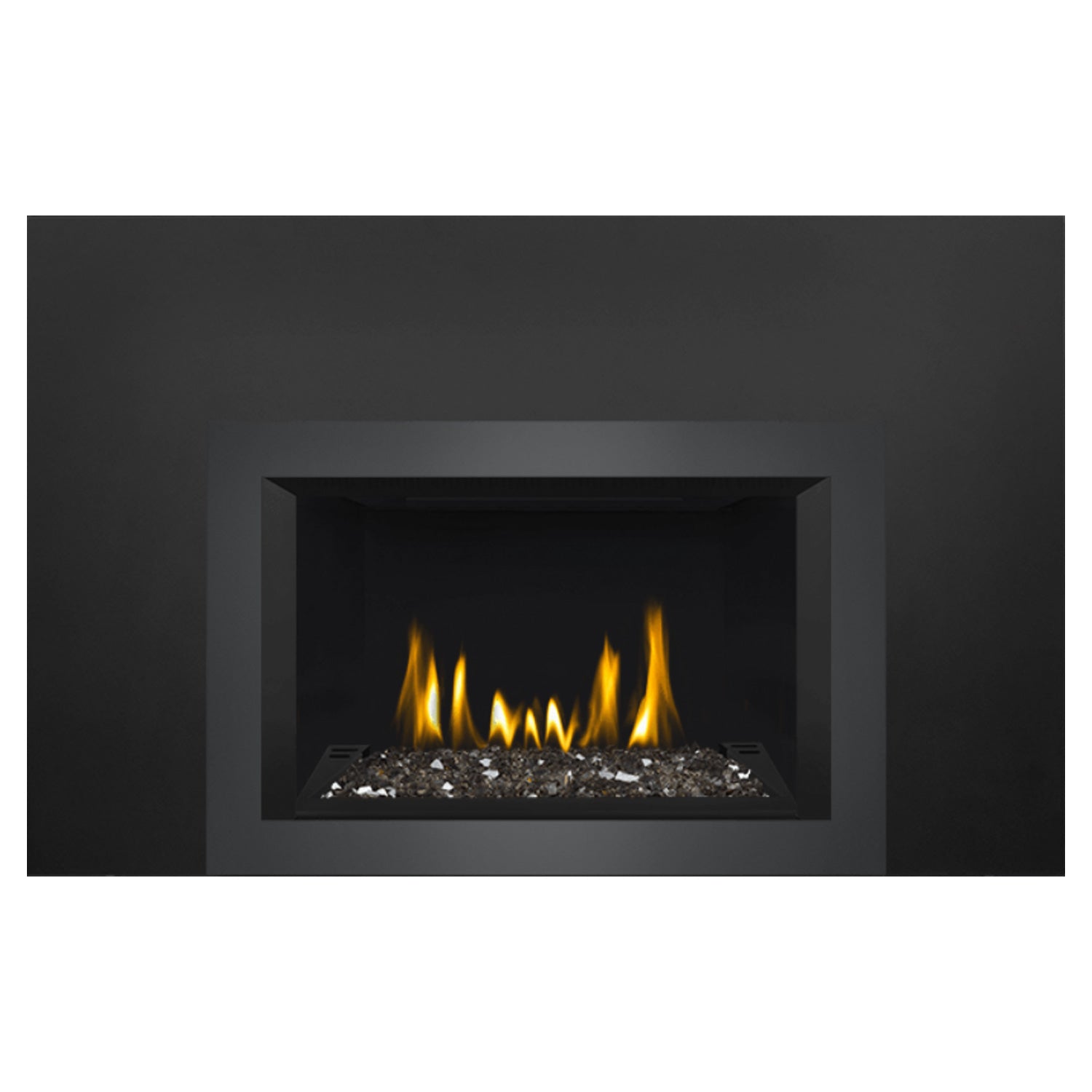 Black direct vent gas fireplace insert with flames across the glass ember bed