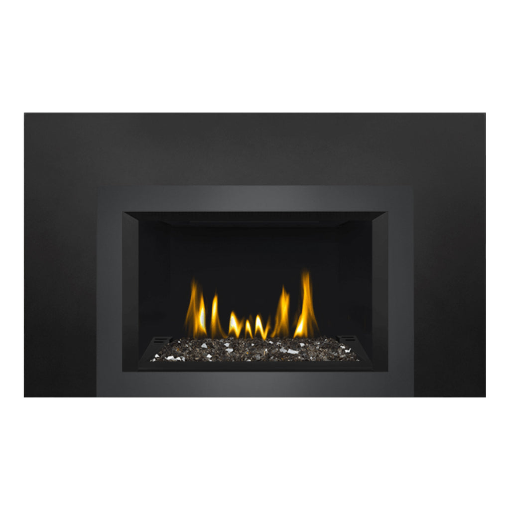Black direct vent gas fireplace insert front view with glass ember bed and flames