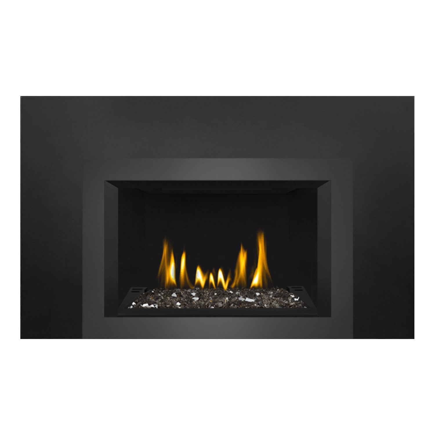 Black direct vent gas fireplace insert front view with glass ember bed and flames