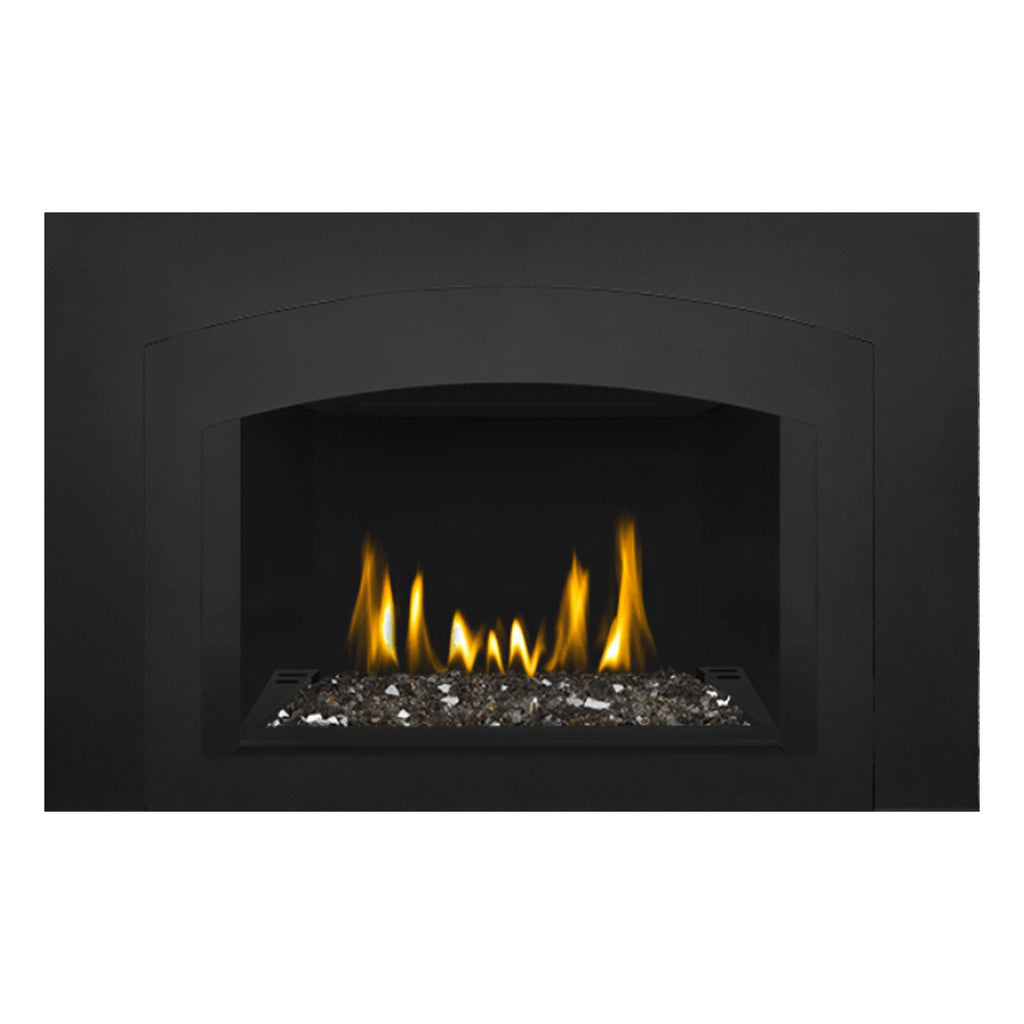 Direct vent gas fireplace insert with glass front, ember bed and glowing flames